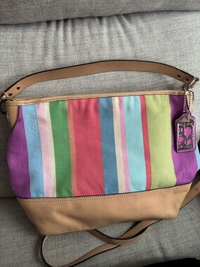 Coach Multicolor Striped Canvas Shoulder/crossbody Bag with Tan Leather Trim
